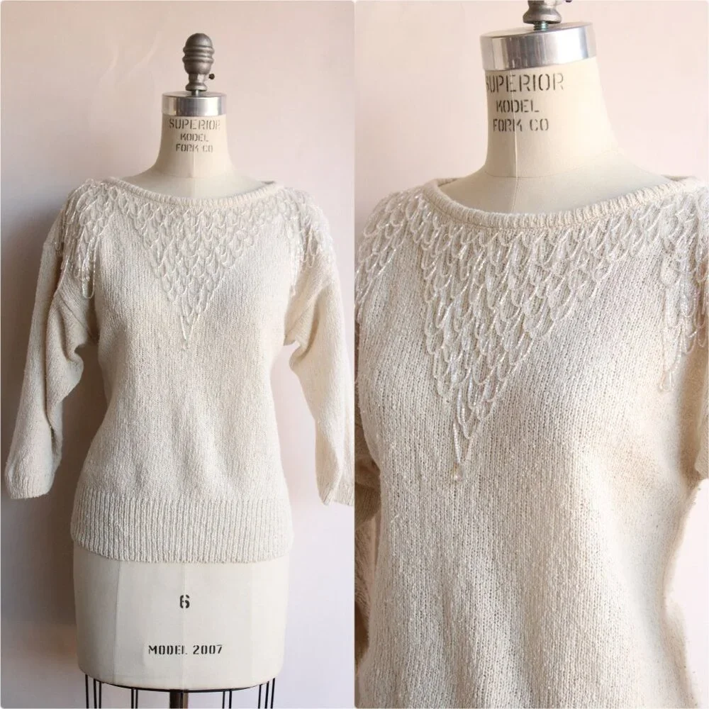 Vintage 1980s Sweater, Bonnie Boerer Ivory Pullover with Fringed Beading, - Picture 1 of 10